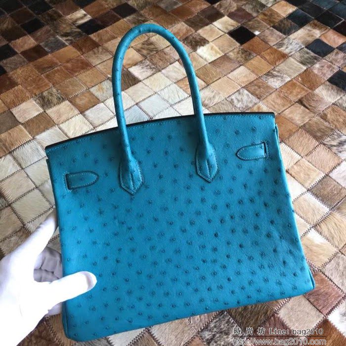 HERMES愛馬仕 鉑金包 Birkin 南非原產KK級鴕鳥皮 頂級工藝 依滋密爾藍 手縫蠟線 手提包  Ama1230
